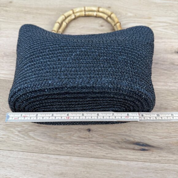 Kim Rogers Vintage Style Woven Straw Purse Bamboo Wooden Handles Black Beachy - Picture 9 of 10